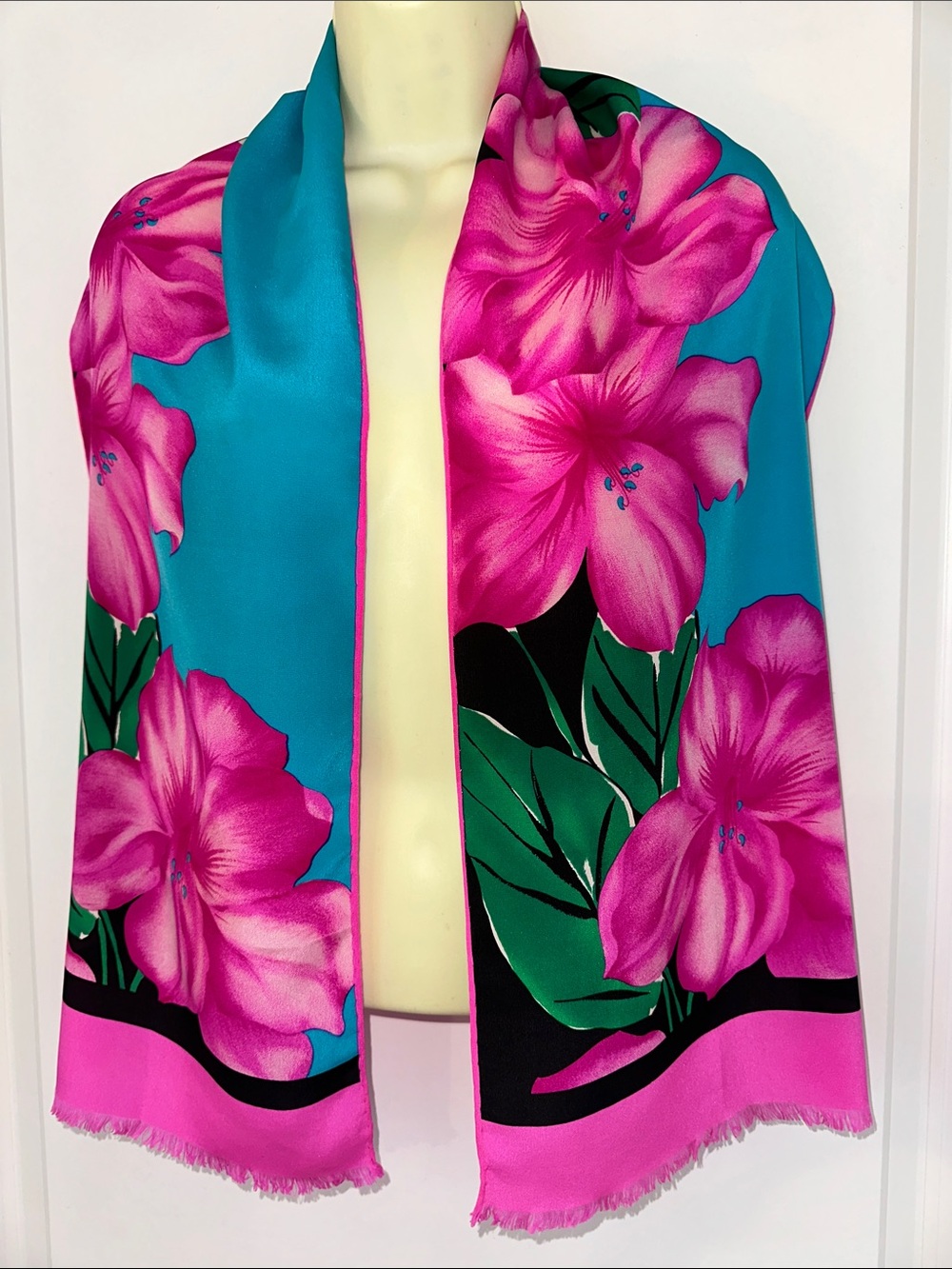 Vintage Bill Blass Hot Pink, Teal Green & Black Floral Long Scarf